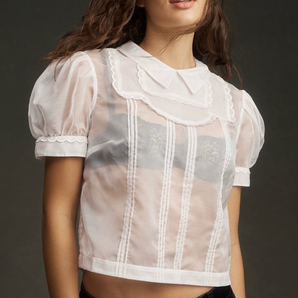 Maeve Short Sleeve Sheer Scalloped-Trim Blouse.